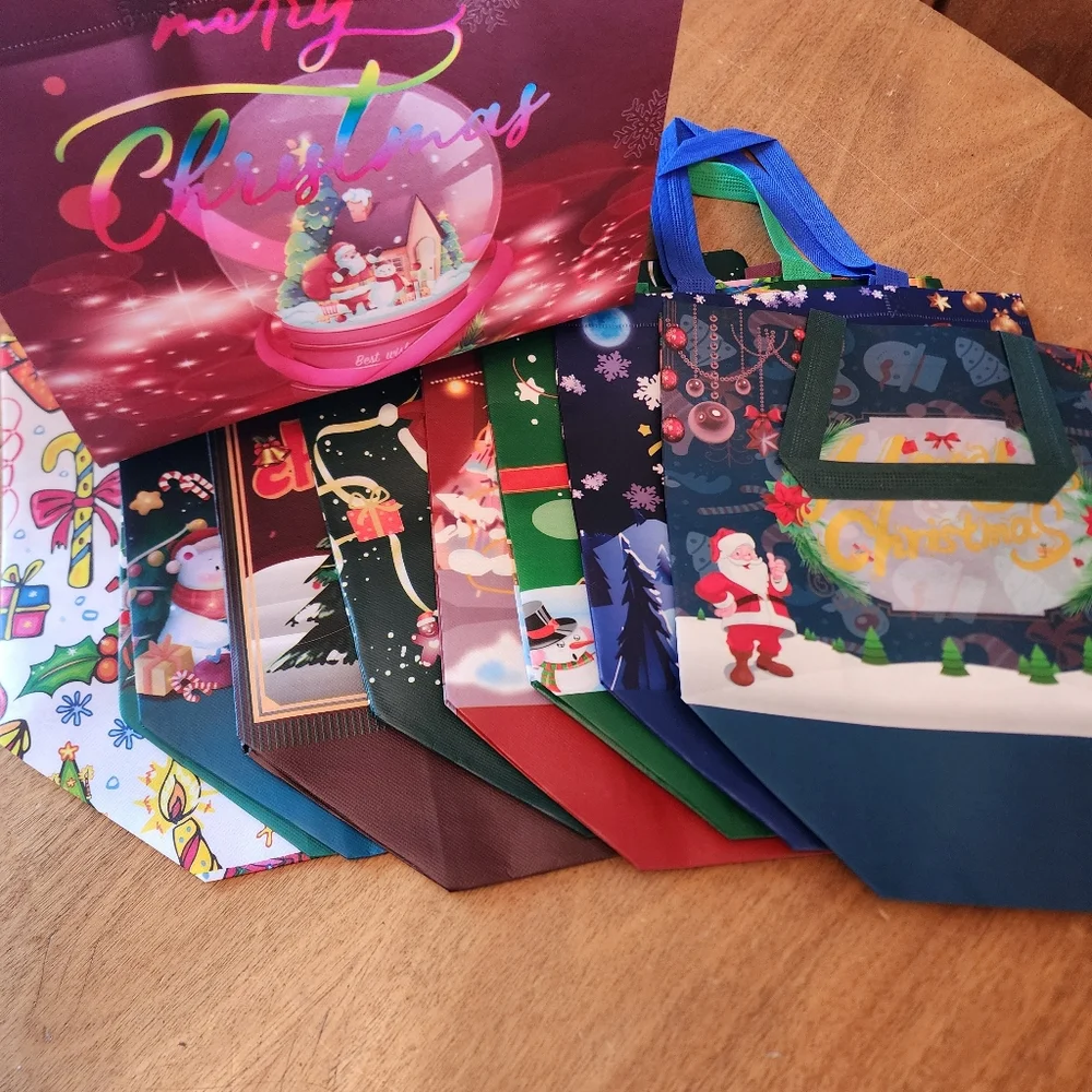 10 Festive Christmas Gift Bags Set. Size Last Photo. Great Reuseable Pastic Bags